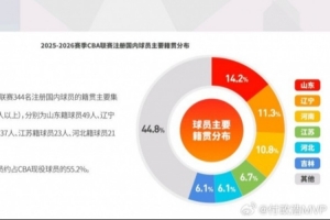 344名CBA本土球员籍贯主要集中在鲁辽豫苏冀吉 山东籍49人最多
